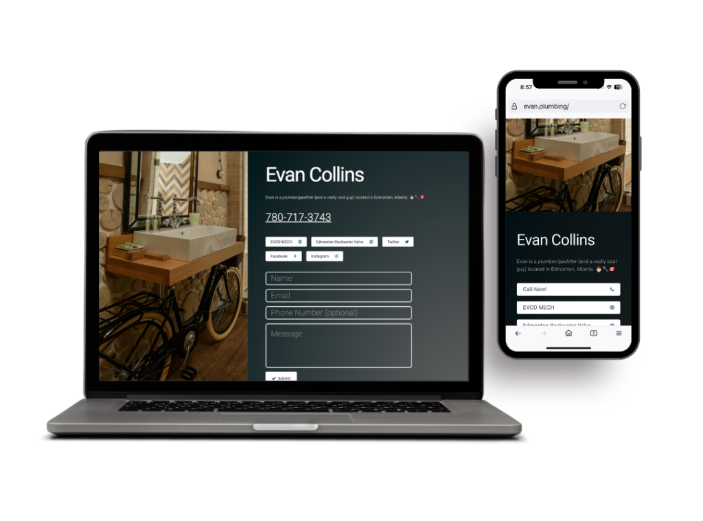 image of evan dot plumbing which is a personal business card website